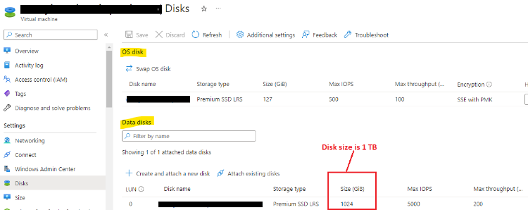 Azure Portal VM Disk Subpanel